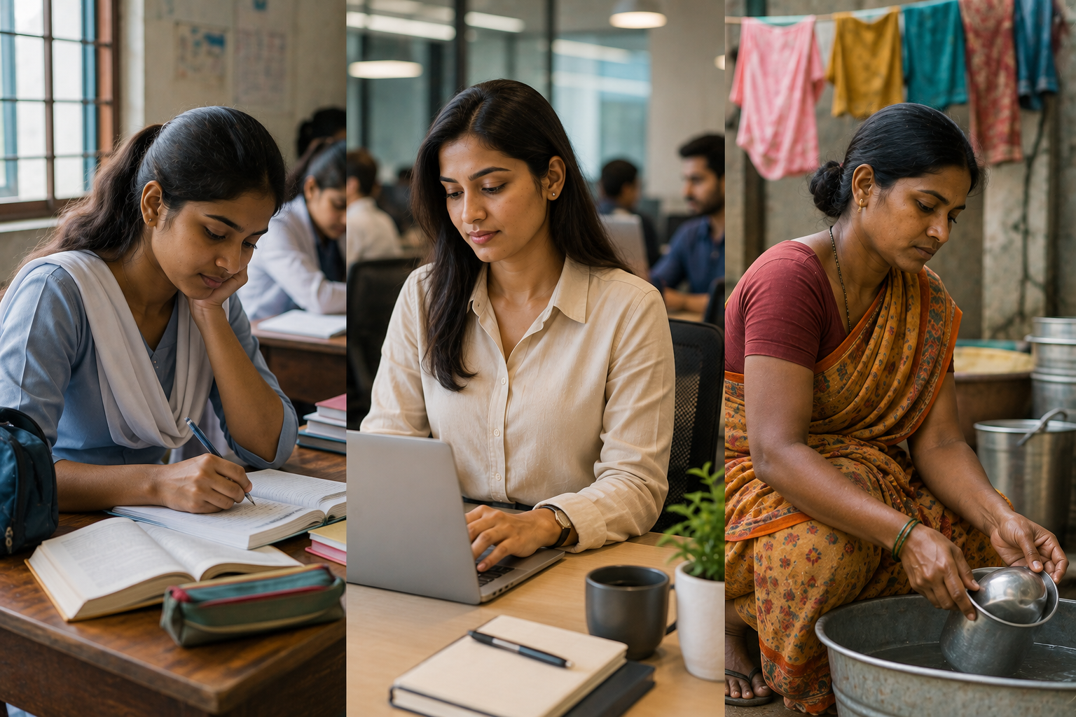 Indian women studying, working in an office and doing household work, representing menstrual health across everyday life
