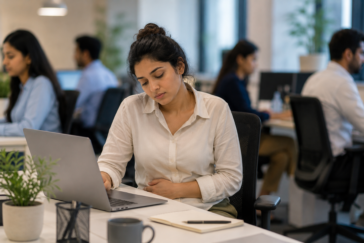 Indian woman working at her laptop in an office while experiencing menstrual discomfort
