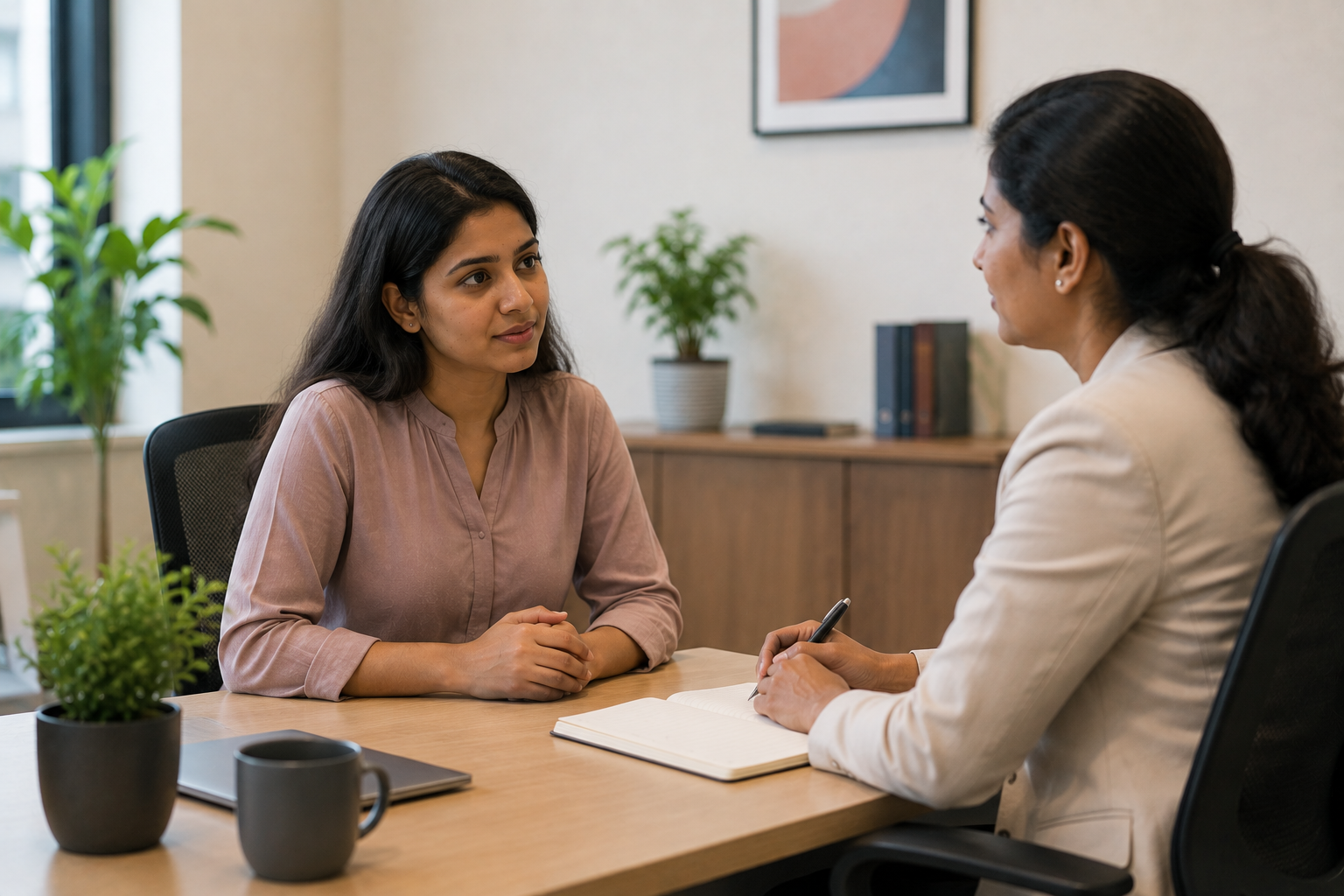 Two Indian women having a private and supportive conversation about workplace needs in an office