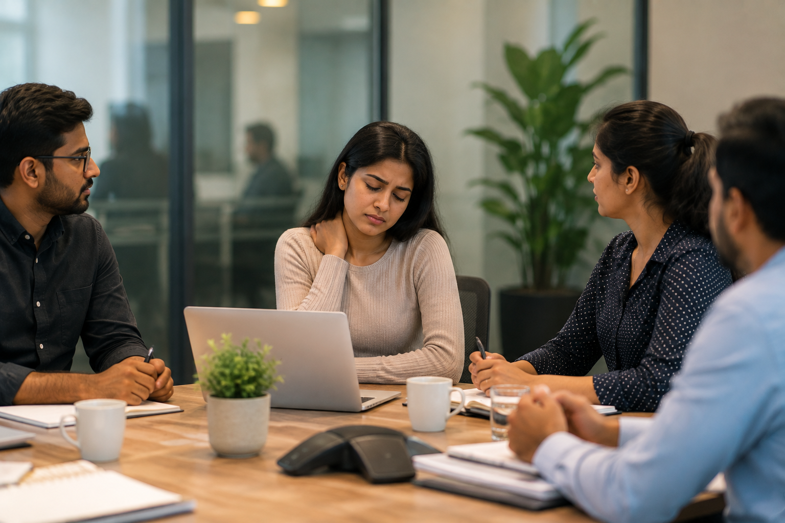Indian woman feeling tired and uncomfortable while attending a workplace meeting with colleagues