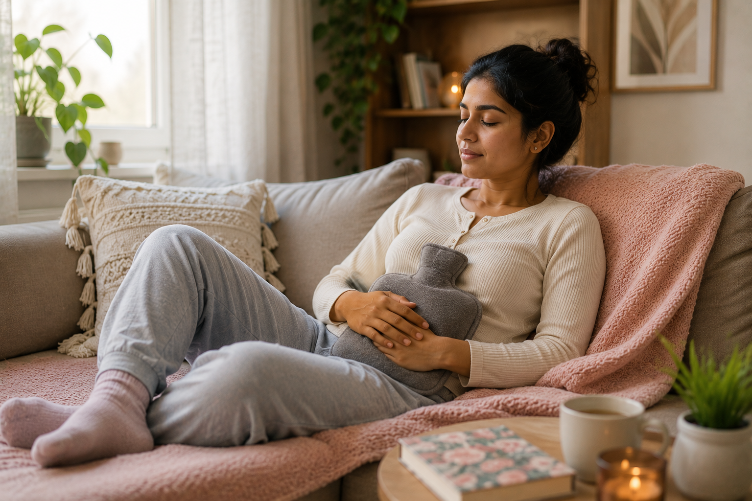 Indian woman resting comfortably on a sofa with a hot water bottle over her abdomen during her period