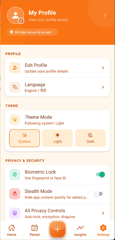 Settings screen